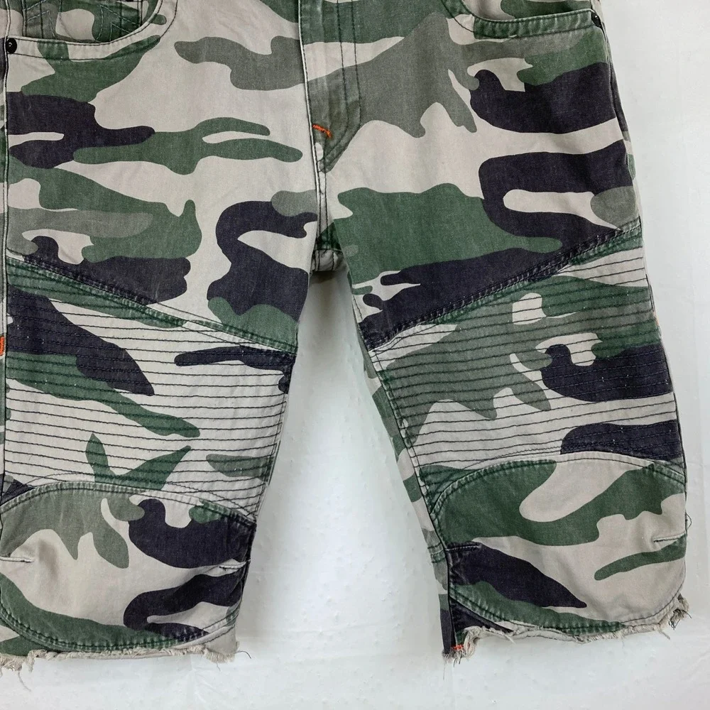 True Religion Moto Shorts Men 36 Green Camo Ribbed Biker Grunge Streetwear Y2K